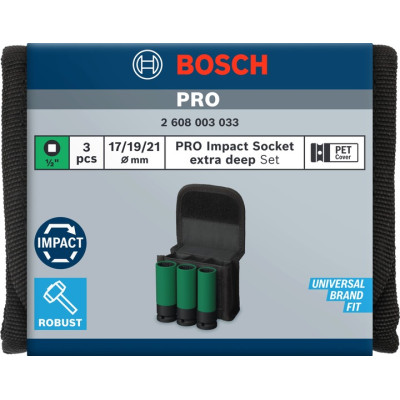 Haбіp гoлoвoк ударних подовжених 3 шт BOSCH PRO Extra Deep 17-21 мм 1/2