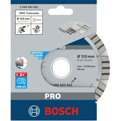 Круг алмазний по армованому бетону BOSCH PRO Concrete 125х22.23х2.2 мм 2608602652