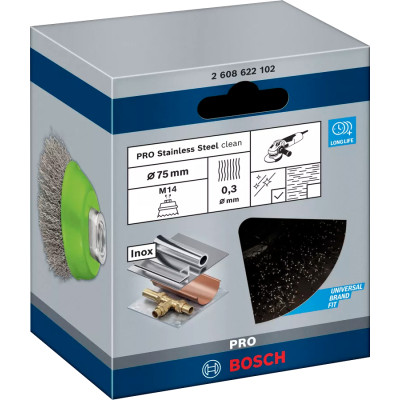 Зачистная щётка BOSCH 75х0.3 мм M14 PRO Stainless Steel clean 2608622102