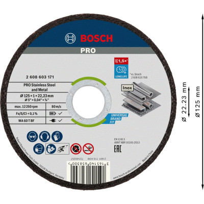 Круги відрізні по нержавіючій сталі 100 шт BOSCH PRO Stainless Steel and Metal 125х22.23х1 мм 2608626113