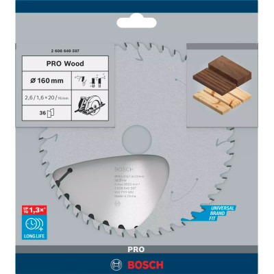 Диск пильний по дереву BOSCH PRO Wood 160х20х36 2608640597