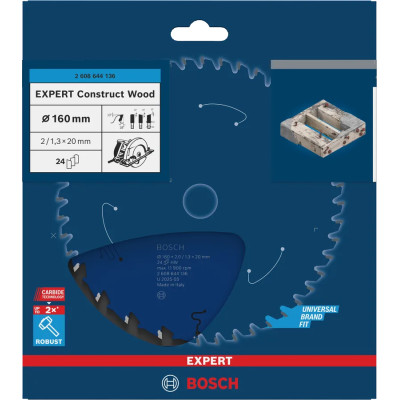 Диск пильный по дереву с бетоном и гвоздями BOSCH EXPERT Construct Wood 160х20х24 2608644136