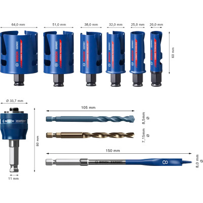 Набір коронок універсальних 6 шт BOSCH EXPERT Construction Material PC Plus 20-64 мм 2608901951