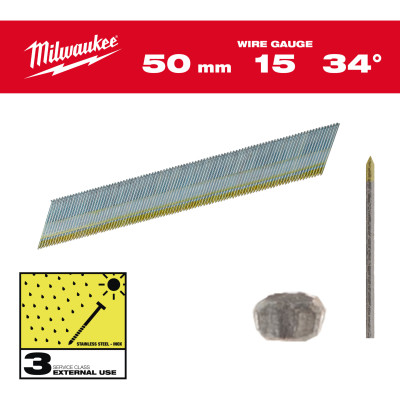Цвяхи фінішні з нержавіючої сталі 2200 шт Milwaukee 50х1.8 мм 34° 15G 4932492580