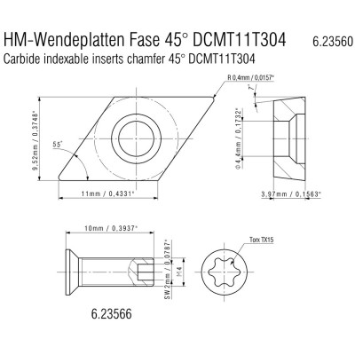 Твердосплавные поворотные резальные пластины 10 шт Metabo фаска 45° ISO DCMT 11 T 304 623560000