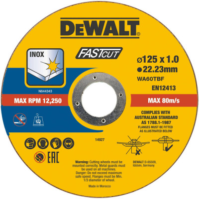 Круги отрезные по нержавеющей стали 100 шт DeWALT Inox FastCut 125х22.23х1 мм DT20540