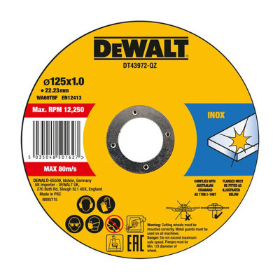 Круги отрезные по нержавеющей стали 10 шт DeWALT Inox FastCut 125х22.23х1 мм DT43972